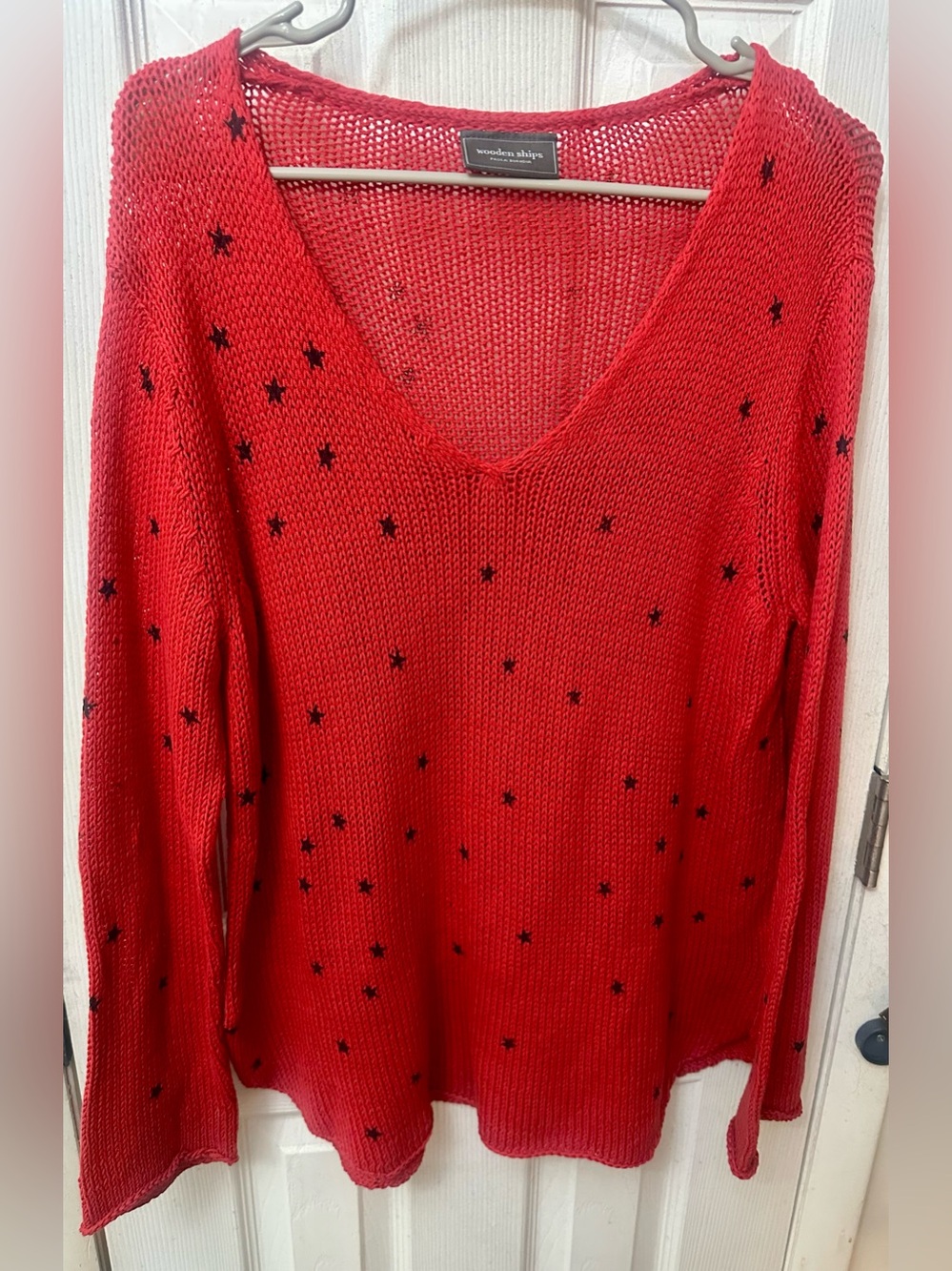 Wooden Ships Bright Red V-Neck Star Knit Pullover M/L